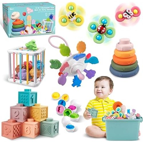 Baby Toys for 6 to 12 Months, Montessori Sensory Bins Toys for Toddlers 1-3, Pull String Teether Infants Bath Toys 6 in 1 Stacking Blocks Rings, Matching Eggs, Suction Cup Spinner Toy