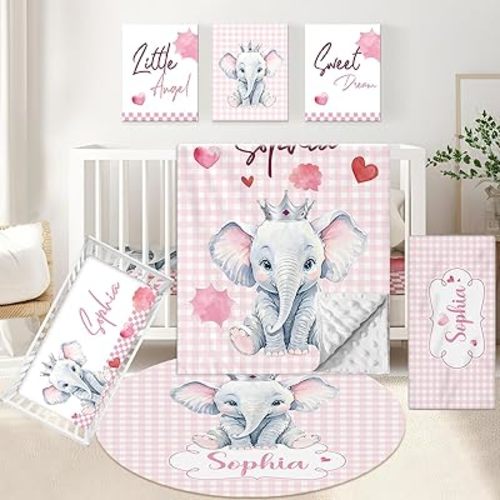 Personalized Baby Bedding Set, 5 Pcs Custom Baby Crib Set with Name, Soft Baby Girl Elephant Crib Bedding Set, Double Layer Nursery Bedding Set, Toddler Infant Bedding Set New Parents Gifts