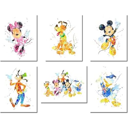 BigWig Prints Mickey And Minnie Prints - Minnie Mouse Wall Art, Mickey Mouse Wall Decor, Disney Pictures for Kids Room, Donald & Daisy Duck Posters, Goofy, Pluto - Unframed Set of 6 (8x10)