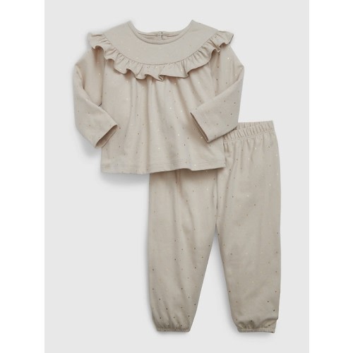 Baby First Favorites 100% Organic Cotton Ruffle Outfit Set in bedrock beige, size: 3-6 M