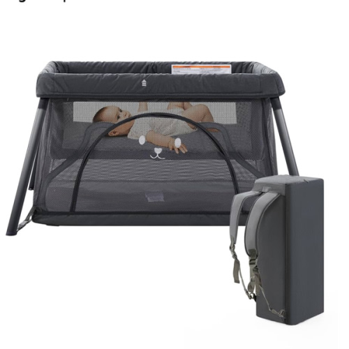 Travel Crib,Portable Crib for Baby, Pack and Play for Babies and Toddler, Lightweight Backpack Design,Foldable Travel Baby Playpen with Mattress(Dark Grey)