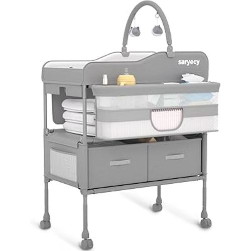 Baby Changing Table, Versatile Folding Changing Table, Waterproof Diaper Changing Station, Adjustable Height with 2 Drawers,Baby Changing Station, Mobile Nursery for Infant and Newborn