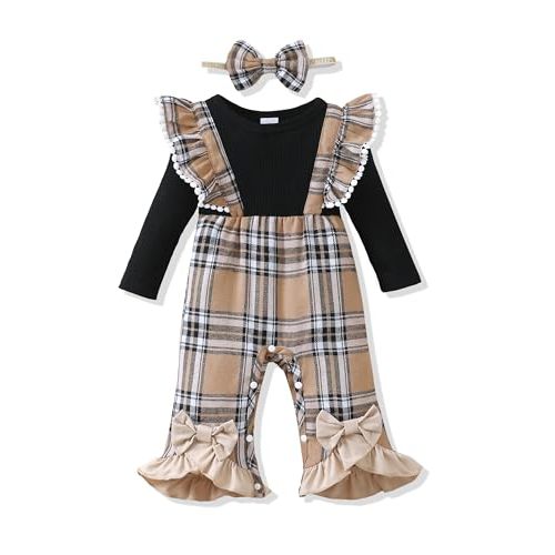 Renotemy Newborn Baby Girl Clothes Fall Winter Outfit Ribbed Romper Plaid Overalls Jumpsuit Infant Girl Outfits 0-18 Months