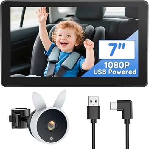 Babyvue BV4 7" Baby Car Camera, IPS 1080P HD Display with AUTO IR Night Vision, USB Powered Plug & Play Backseat Camera for Baby, Adjustable Brightness, Must Haves for New Parents & Pets Lover