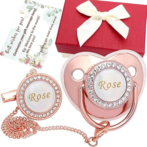 Personalized Pacifier Set with Name, BPA Free, Bling Gold Silver Pink Rose Gold Luxurious Ideal Gift for Newborns (Rose Gold)