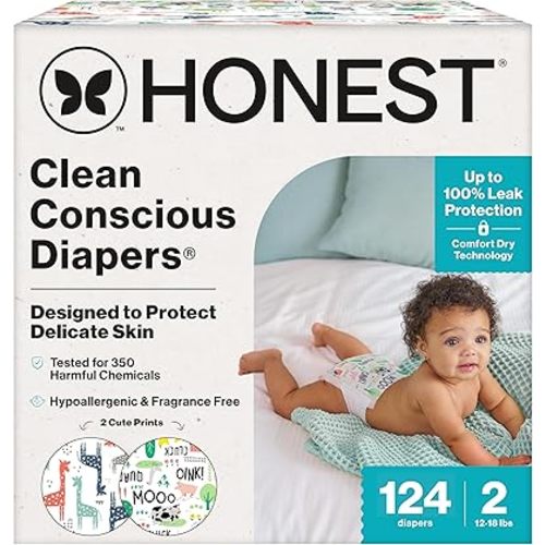 The Honest Company Clean Conscious Diapers for Sensitive Skin | Up to 100% Leakproof | Hypoallergenic, Fragrance Free | Gender Neutral | Super Club Box, Size 2 (12-18 lbs), 124 Count (Prints May Vary)