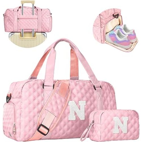 Initial Travel Duffle Bag Women Girls Gift: Personalized Weekender bags, Dance Cheer bag Sports for Girl, Kid Gymnastics Bags, Birthday Gifts for Women Girls Kids Teens Mom Teacher