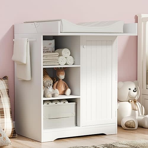 Gyfimoie Baby Changing Table with Foldable Tabletop, White Storage Cabinet with Shelf & Door Rack, Modern Diaper Changing Station with Storage, Perfect for Bedroom & Nursery (Pad Not Included)