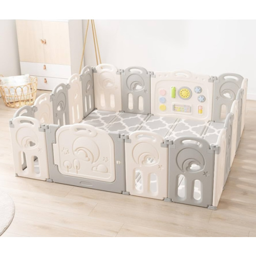 Fortella Cloud Castle Foldable Playpen, Baby Safety Play Yard with Whiteboard and Activity Wall, Indoors or Outdoors (Gray, 14 Panel)