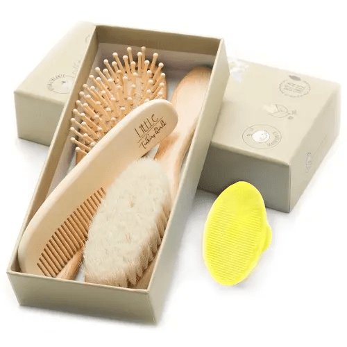 Baby Hair Brush and Comb Set for Newborn Wooden 4 Piece Soft Bristle Baby Brush and Comb Set for Newborn Girl Boy and Toddler Soft Cradle Cap New Born Infant Hair Brushes Perfect Baby Registry Gift