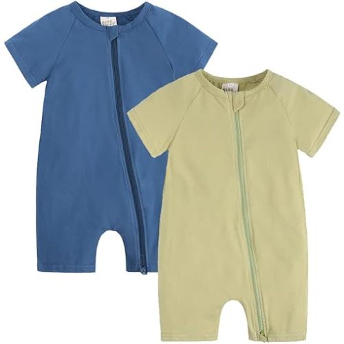 JunNeng Baby Boy Girl 2 Pack Short Sleeve Zipper Rompers Infant Cotton 2-way Zippers Comfy Summer Jumpsuit