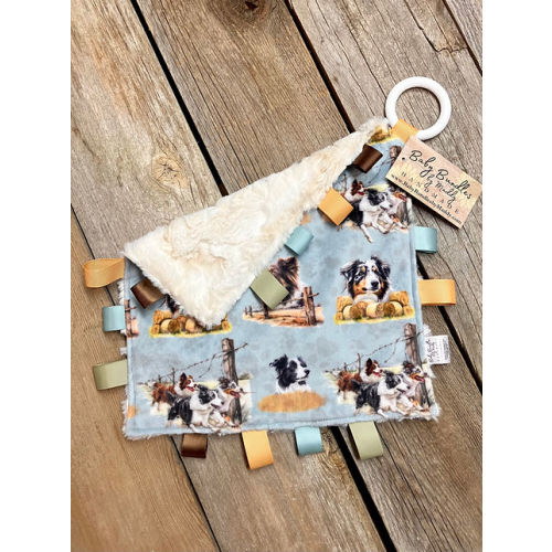 Australian Shepherd Herding Dog Minky Tag Lovey with Silicone Teething Ring | BabyBundles by Maddy