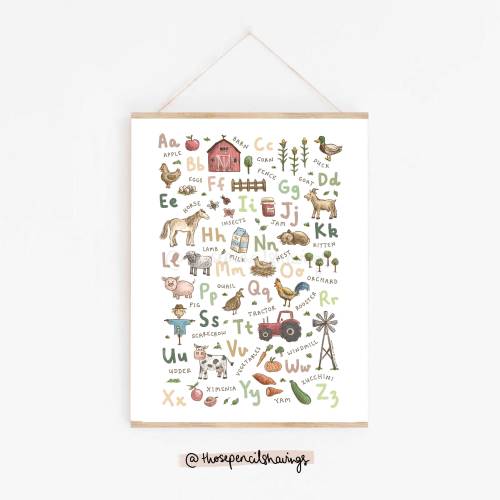 Farm Alphabet Print | A–Z Illustrated Farm Animals Wall Art | Country-Themed ABC Poster for Kids Room, Nursery or Classroom