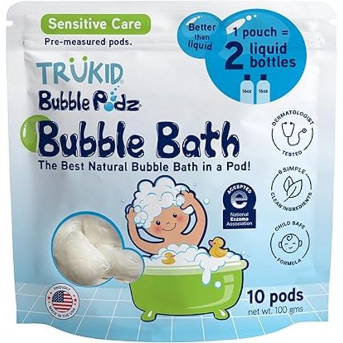 TruKid Bubble Podz Bubble Bath for Kids, Toddlers, & Babies, NEA-Accepted for Eczema, Gentle Refreshing Colloidal Oatmeal Bath Bomb for Sensitive Skin, pH Balanced, Tear Free, Unscented (10 Podz)