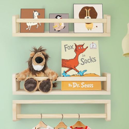 Floating Book Shelves for Wall, 16.5 inch Natural Wood, Set of 3