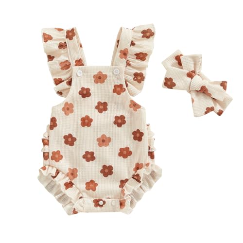 Covvoliy Infant Baby Girl Summer Clothes Outfits Cute Print Fly Sleeve Romper Jumpsuit Bodysuit with Headband