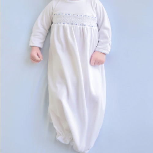 Sweetly Smocked Greeting Gown - Worth Avenue White with Buckhead Blue