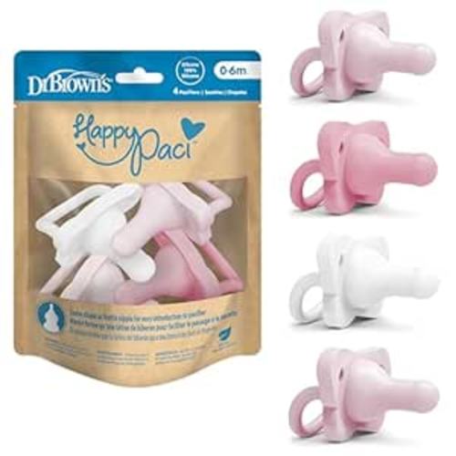 Dr. Brown's HappyPaci 100% Silicone Baby Pacifier, Contoured One-Piece Design, Light Pink/Pink/White, 0-6m, BPA-Free, 4-Pack