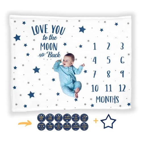 Baby Monthly Milestone Blanket with 12 Stickers, First Year Calendar Monthly Growth Tracker, Baby Boy Month Blanket, Stars Moon Nursery, I Love You to The Moon and Back, Baby Boy Shower Gift (50"x40")