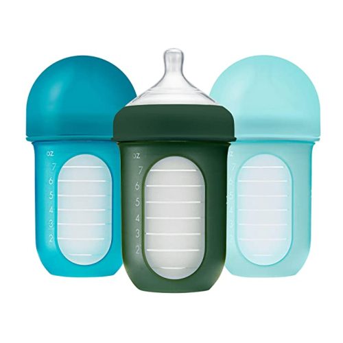 Boon Nursh Reusable Silicone Baby Bottles with Collapsible Silicone Pouch Design - Everyday Baby Essentials - Stage 2 Medium Flow Baby Bottles - Blue - 8 Oz - 3 Count - 8 Ounce (Pack of 3)