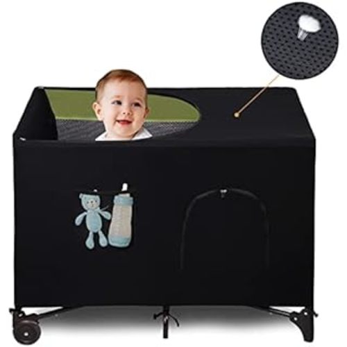 SnoozeShade Pack n Play & Travel Crib Blackout Cover | Blackout Crib Cover & Pack and Play Black Out Cover | Mom-Invented Safety Tested with Optimal Airflow
