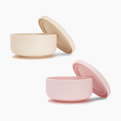 AEIOU Suction Bowl with Lid - Petal + Oat Milk