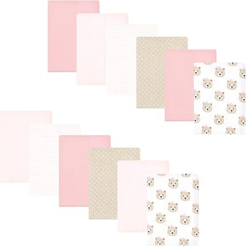 Hudson Baby Unisex Baby Flannel Burp Cloth 12pk, Pink Taupe Bear, One Size