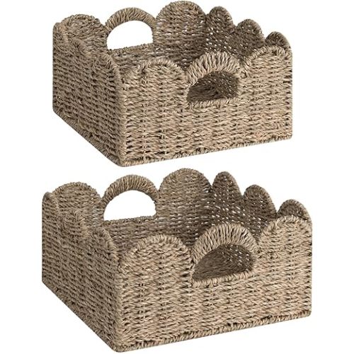 StorageWorks Scalloped Wicker Basket, Nursery Basket with Handles, Woven Rattan Baskets for Organizing, Scalloped Edge Basket Shelf Decorative, Seagrass Storage Baskets Bathroom Living Room, Set of 2