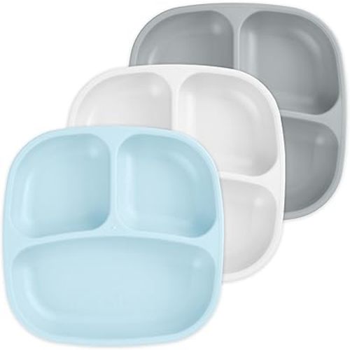 Re-Play Made in USA 7" Deep Walled Divided Plates for Kids, Set of 3 - Reusable 3 Compartment Plates, Dishwasher and Microwave Safe - 7.37" x 7.37" x 1.25", Glacier