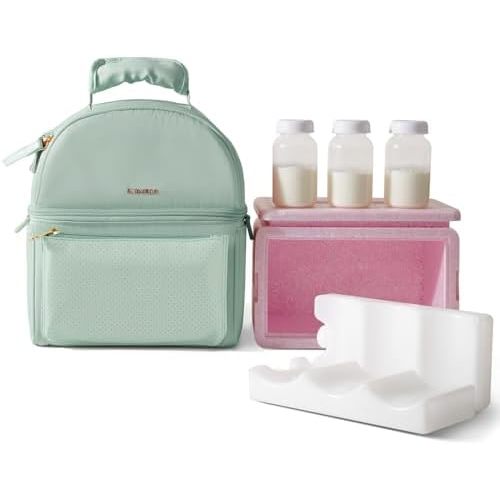 SUNVENO Breast Milk Cooler Bag with Detachable Insulation Box, Double-Layer Pumping Travel Bag for Work & Daycare, Fits Bottles, Ice Packs and Pump Parts,Green