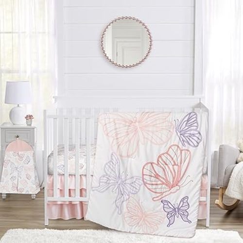 Sweet Jojo Designs Shabby Chic Butterfly Girl Baby Crib Bedding Set Infant Nursery Room Blanket Fitted Sheet Skirt Diaper Stacker 4p Blush Pink Lavender Purple White Pastel Lilac Watercolor Pattern