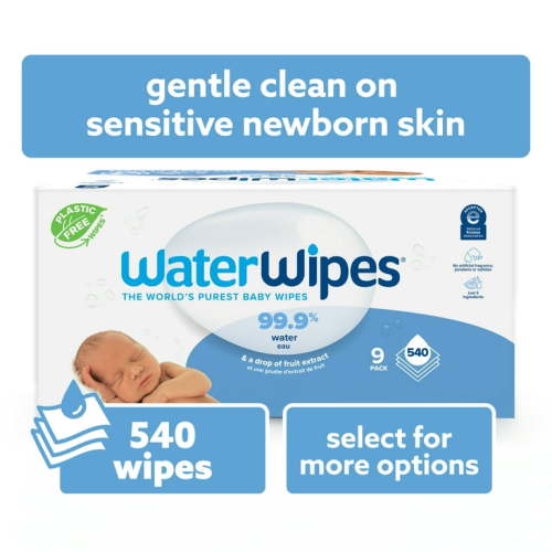 WaterWipes Non-Fragrance Baby Wipes, 99.9% Water Based, 9 Packs (540 Wipes), Unscented
