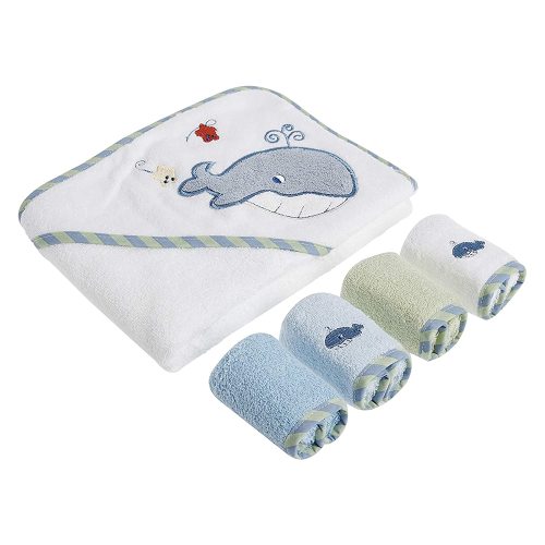 Spasilk Baby Cotton Terry Hooded Towel & Washcloth Bath Shower Set for Newborns and Infants, 5 Piece Set, Blue Whale