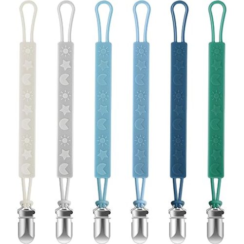 TenderBabe Silicone Pacifier Clip Holder for Baby Boys and Girls, Pack of 6 Soft Flexible Paci Binky Clips with One Piece Design