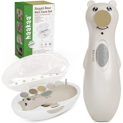 haakaa Rechargeable Baby Nail Trimmer with LED Light, Rechargeable Baby Nail File for Toddler/Newborn/Adults Toes and Fingernails, Additional Replacement Heads & Charging Cable, Compact Case, Pebble