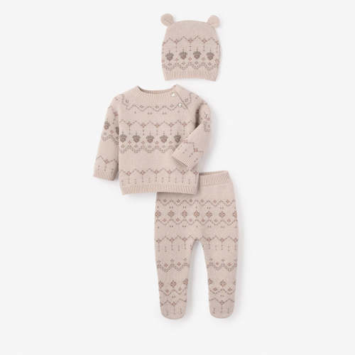 Acorn Fairisle Sweater, Footed Pant + Hat Set 3pc TAUPE / 0-3M