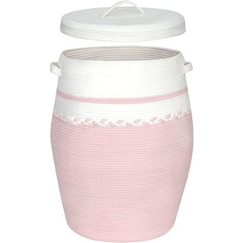 Collapsible Laundry Baskets, Laundry Hamper with Lid, Woven Cotton Rope Blanket Basket Foldable Storage Organizer Bin for Comforter, Cushions, Clothes, Pillows, 19.3x25.6 Inch, White/Pink