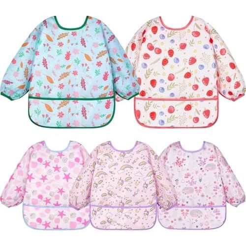 Lictin Long Sleeve Bibs 5 Pack - Baby Bibs, Waterproof Toddler Bibs, Baby Smock for Eating, Baby Bibs for Feeding Teething