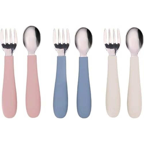 WeeSprout Toddler Utensils, 3 Forks & 3 Spoons, 18/8 Stainless Steel & Food Grade Silicone, Thick Easy-Grip Handles, Perfect Length For New Self Feeders, Gentle On Gums & Teeth, Dishwasher Safe
