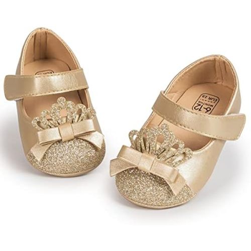 Sawimlgy Baby Girls Mary Jane Sequins Crown Flats PU Leather Wedding Party Princess Ballet Shoe Infant Rubber Sole Prewalker Toddler First Crib Shoes