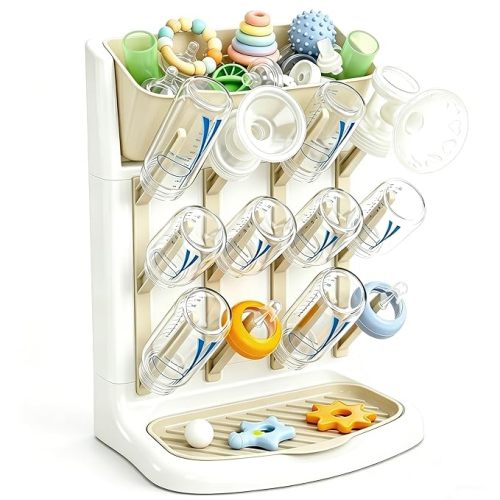 GoMaihe Baby Bottle Drying Rack: Space Saving Vertical Bottle Dryer Holder - Baby Accessories Storage Stand Organize Brushes Pacifiers on Countertop - BPA-Free - Beige