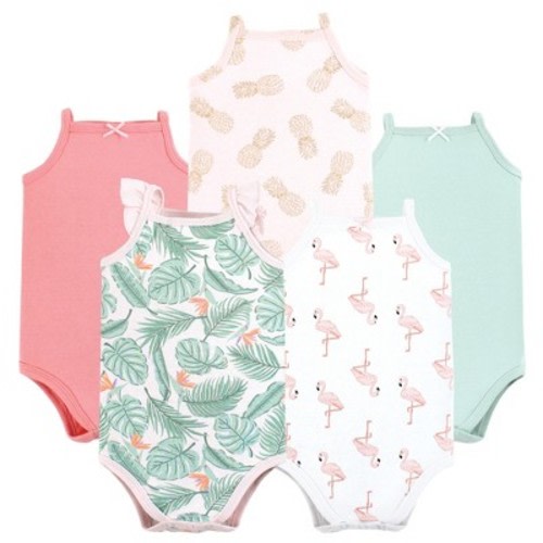 Hudson Baby Infant Girl Cotton Sleeveless Bodysuits, Palm Flamingo, 0-3 Months