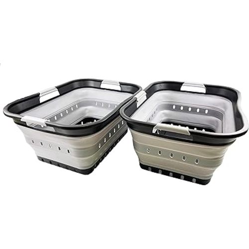 SAMMART 42L (11 gallon) Collapsible Plastic Laundry Basket - Foldable Pop Up Storage Container/Organizer - Portable Basket - Space Saving Hamper/Basket (Black/Alloy Grey (Set of 2))