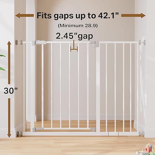 InnoTruth 28.9-42.1" Baby Gate for Stairs & Doorways, 30" Tall, Extra-Wide Dog Gate with 2-Way Swing, Easy Walk-Through & Dual Lock, Pressure Mount Child Safety Gate for Indoor Use – White