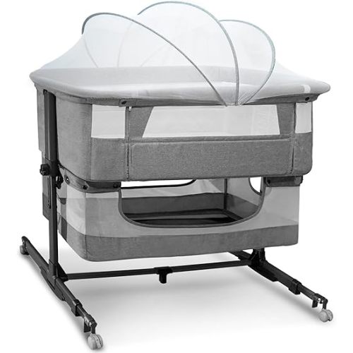 Baby Bassinet, 3 in 1 Bedside Sleeper with Mattress and Mesh Sides, Mosquito Net, Storage Basket, Self Rocking, 5-Height Adjustable, Easy Assemble Crib for Newborn, Gray