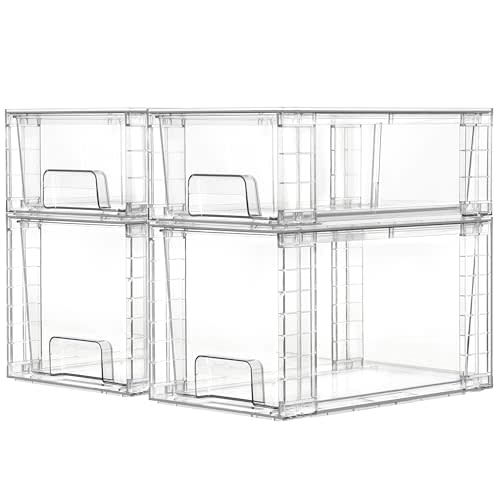 Vtopmart 4 Pack Clear Stackable Storage Drawers,Easy to Assemble Bathroom Organizers and Storage with handles,Plastic Drawers for Kitchen Pantry,Cabinet,Under Sink Organization
