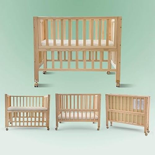 Flwrgirl Foldable Mini Baby Crib - Portable 4-in-1 Convertible Baby Cribs,Pine Wood Bedside Bassinet,3 Heights Bassinet Bedside Sleeper with A Sponge Mattress,Wheeled,Unpainted