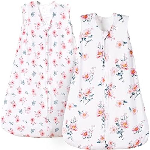 PHF 100% Cotton Baby Sleep Sack, 2-Way Zipper Baby Wearable Blanket, 6-12 Months TOG 0.5 Toddler Sleeping Sack, 2 Pack Sleeveless Soft Sleeping Bags for Baby Boys Girls, Medium, Floral