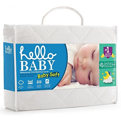 Hello Baby Waterproof Crib Mattress Sheet - White Ultra Soft Quilted Bamboo Terry Pillow-Top Fitted Cover for Boys and Girls - Padded Breathable Liner for Standard Size Nursery Cribs and Toddler Beds