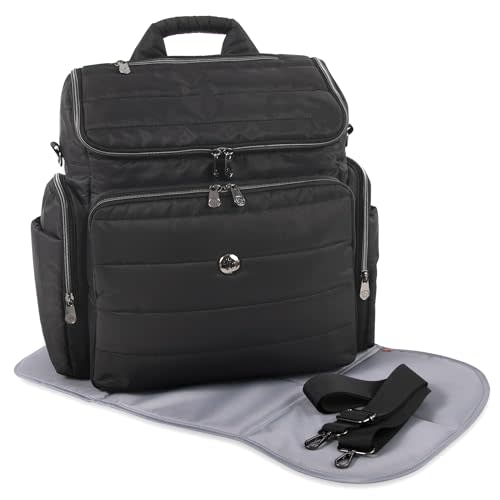 Fisher-Price Madison Crossbody Tote and Diaper Bag Backpack with Matching 6-Ply Fold Changing Pad, Insulated Bottle Pocket, Electronics Pocket, Stroller Straps and Dual Zipper Closure in Black